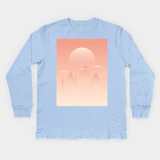 Illustration of 3 pyramids, clouds and sun in light orange colors Kids Long Sleeve T-Shirt